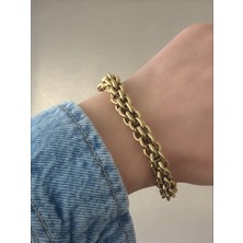 QA Quella Accessories Çelik Burgu Sarmal Silindir Örgü 14K Gold Bileklik 16+5 cm