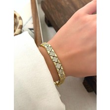 QA Quella Accessories Özel Seri  Kalın Zirkon Yonca  14K Gold Bileklik 16+2 cm
