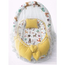 Jaju Baby Hardal Örgü Kumaş ve Orman Ponponlu Babynest Oyuncak Aparat ve Cibinlik Tüllü Set (2 Adet)