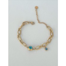 QA Quella Accessories Çelik Çift Nazar Göz Sallantılı 14K Gold Bileklik 15+5 cm