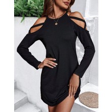 Emh Store Kadın Uzun Kollu Omuz Açık Askı Detay Viskon Mini Boy Elbise