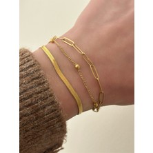 QA Quella Accessories Çelik Üçlü Italyan Figaro Topçuk 14K Gold Zincir Bileklik 17+5 cm