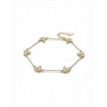 QA Quella Accessories Rodyum Zirkon Taş Lotus Çiçek 14 Ayar Altın Kaplama Gold Ince Bileklik 17+5 cm