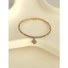 QA Quella Accessories Rodyum Zirkon Yonca Su Yolu  Açık Rose-Gold Ayarlanabilir Bileklik