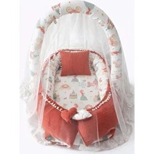 Jaju Baby Kiremit Örgü Kumaş ve Müslin Kumaş Ponponlu Babynest Oyuncak Aparat ve Cibinlik Tüllü Set