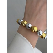 QA Quella Accessories Çelik Iri Top Sıralı 14 Ayar Altın Kaplama Gümüş-Gold Bileklik 17+5 cm