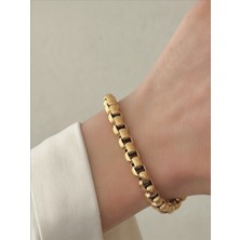 QA Quella Accessories Çelik Içiçe Geçişli Kare Örgü Silindir 14K Gold Bileklik 17+4 cm