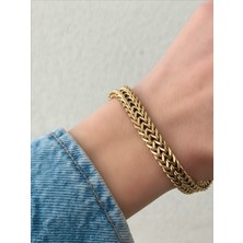 QA Quella Accessories Çelik Hasır Görünümlü Çift Örgü 14K Gold Bileklik 16-4 cm