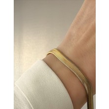 QA Quella Accessories Çelik Kalın Yassı Yılan Italyan 14K Gold Zincir Bileklik 17+5 cm