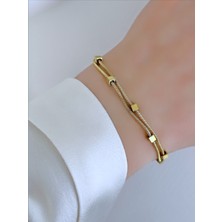 QA Quella Accessories Çelik Ikili Mini Küp Sıralı Altın Kaplama Gold Zincir Bileklik 16+5 cm