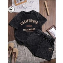 Divin Calıfornıa Baskılı Oversize Alt-Üst Takım Siyah Bartik Şort T-Shırt