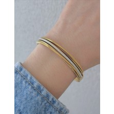 QA Quella Accessories Çelik Zirkon Çizgi Şerit Gold Kelepçe Bileklik Iç Çap: 6 cm / Çevresi: 20 cm