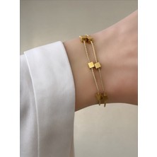 QA Quella Accessories Çelik Ikili Küp Sıralı 14 Ayar Altın Kaplama Gold Zincir Bileklik 17+5 cm