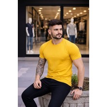 Alfanora Erkek T-Shirt Bisiklet Yaka Slim Fit Dar Kesim Likralı Tişört Günlük Basic Body - Sarı