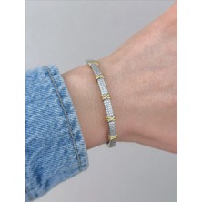 QA Quella Accessories Rodyum x   Zirkon Gümüş-Gold Kelepçe Bileklik Iç Çapı: 5,7 cm Çevresi: 19 cm