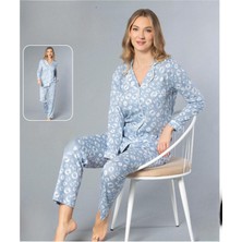 Melodi Kadın Standart Kalıp %100 Pamuk Önden Düğmeli Uzun Kol Baharlık Pijama Takımı 16148- 1 Adet