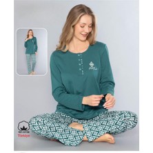 Melodi Kadın Standart Kalıp %100 Pamuk Düğmeli Yaka Uzun Kol Baharlık Pijama Takımı 16167- 1 Adet