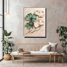 Artprinta Yeşil & Beyaz Yapraklı Kanvas Tablo – Gold Detaylı Modern Duvar Dekoru