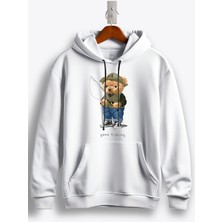 MGAX Balıkçı Balığa Giden Sevimli Ayı Baskılı Regular Kapşonlu Sweatshirt