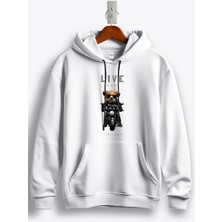 MGAX Motosiklet Sevimli Ayı Live To Ride Baskılı Regular Kapşonlu Sweatshirt