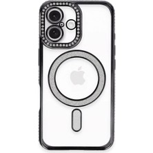 Cepmoda iPhone 16 Plus Kılıf Taşlı Kılıf - Simli Magsafe Destekli Lüx Kapak - Siyah