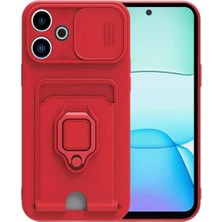 Cepmoda Redmi 13 4g Yüzüklü Kılıf - Boyun Askılı - Kartlıklı - Çok Amaçlı Kapak - Kırmızı