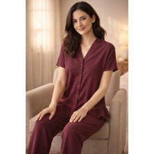 Fames Bürümcük Kumaş Biyeli Düğmeli Kadın Pijama Takımı