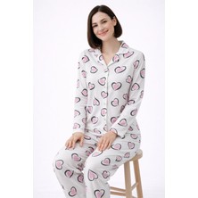 Fames Kalp Desenli Düğmeli Kadın Pijama Takımı