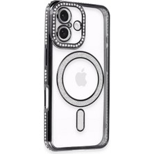 Cepmoda iPhone 16 Kılıf Taşlı Kılıf - Simli Magsafe Destekli Lüx Kapak - Siyah