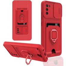 Cepmoda Samsung Galaxy A02S Yüzüklü Kılıf - Boyun Askılı - Kartlıklı - Çok Amaçlı Kapak - Kırmızı