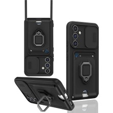 Cepmoda Samsung Galaxy S24 Fe Yüzüklü Kılıf - Boyun Askılı - Kartlıklı - Çok Amaçlı Kapak - Siyah