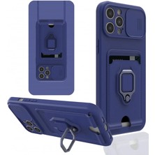 Cepmoda iPhone 12 Pro Yüzüklü Kılıf - Boyun Askılı - Kartlıklı - Çok Amaçlı Kapak - Lacivert