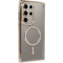 Cepmoda Samsung Galaxy S24 Ultra Kılıf Taşlı Kılıf - Simli Magsafe Destekli Lüx Kapak - Gold
