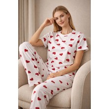 Fames Beyaz Kalp Baskılı Penye Kumaş Kadın Pijama Takım