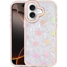 Cepmoda iPhone 16 Renkli Kalp Desenli Kristal Şeffaf Kılıf - Pembe