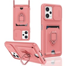 Cepmoda Poco X5 5g Yüzüklü Kılıf - Boyun Askılı - Kartlıklı - Çok Amaçlı Kapak - Pembe