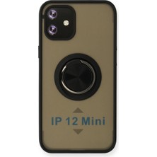 Cepmoda iPhone 12 Mini Uyumlu Yüzüklü Kılıf - Buzlu Şeffaf - Siyah
