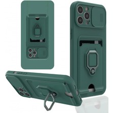 Cepmoda iPhone 12 Pro Max Yüzüklü Kılıf - Boyun Askılı - Kartlıklı - Çok Amaçlı Kapak - Yeşil