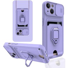 Cepmoda iPhone 13 Yüzüklü Kılıf - Boyun Askılı - Kartlıklı - Çok Amaçlı Kapak - Lila