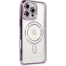 Cepmoda iPhone 16 Pro Kılıf Taşlı Kılıf - Simli Magsafe Destekli Lüx Kapak - Derin Mor