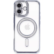 Cepmoda iPhone 16 Plus Kılıf Taşlı Kılıf - Simli Magsafe Destekli Lüx Kapak - Mavi