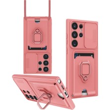 Cepmoda Samsung Galaxy S25 Ultra Yüzüklü Kılıf - Boyun Askılı - Kartlıklı - Çok Amaçlı Kapak - Pembe