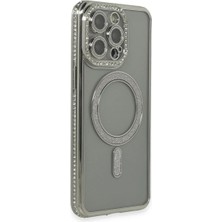 Cepmoda iPhone 15 Pro Kılıf Taşlı Kılıf - Simli Magsafe Destekli Lüx Kapak - Gri