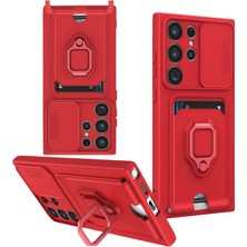 Cepmoda Samsung Galaxy S25 Ultra Yüzüklü Kılıf - Boyun Askılı - Kartlıklı - Çok Amaçlı Kapak - Kırmızı