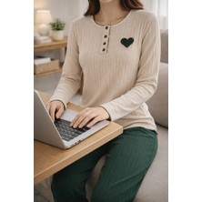 Fames Kadın Bej-Yeşil Fitilli Kalp Detaylı Uzun Kollu Pijama Takımı