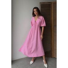 Bacc Pembe V Yaka Beli Lastikli Kısa Kol Müslin Kumaş Elbise BCRU-261297