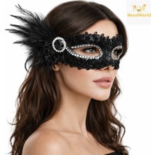 Just Cheap Store Siyah Taşlı Venedik Parti Maskesi – Tüylü Payetli