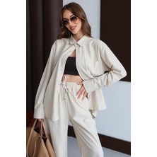 Bacc Krem Oversize Düğmeli Cepli Rahat Kesim Dokulu Uzun Kollu Gömlek BCRU-261311