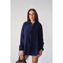 Bacc Lacivert Düğme Detaylı Bağlamalı Müslin Gömlek BCRU-261295