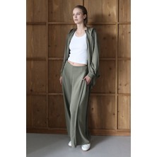 Bacc Haki Yüksek Bel Çift Cepli Palazzo Dokuma Pantolon BCRU-261309